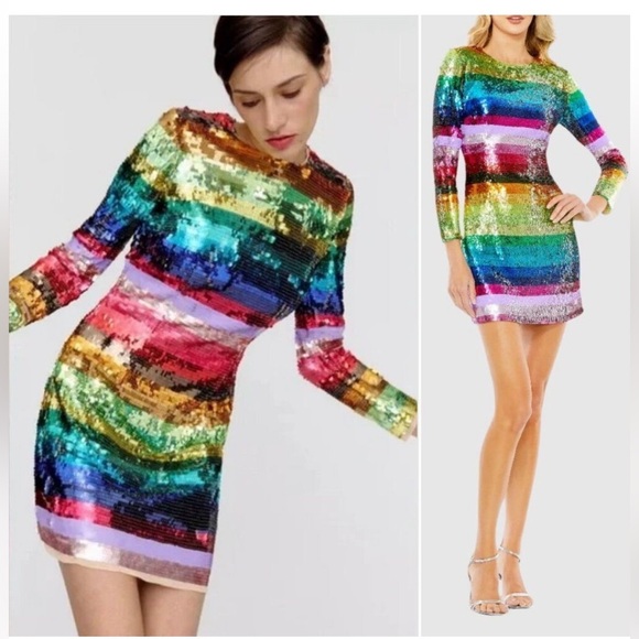 Mac Duggal Dresses & Skirts - Mac Duggal 93724 Rainbow Sequin Multicolor Striped Long Sleeve Dress Size 2 NWT